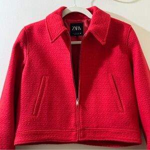 [Express Ship] Zara Textured Wool Blend Cropped Zip Up Tweed Jacket Red S